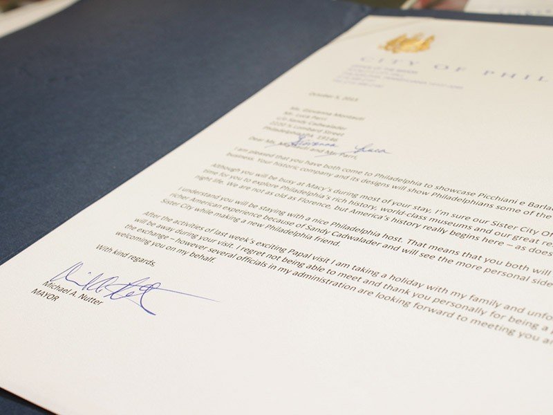 ringraziamenti sindaco di Philadelphia alla Picchiani e Barlacchi